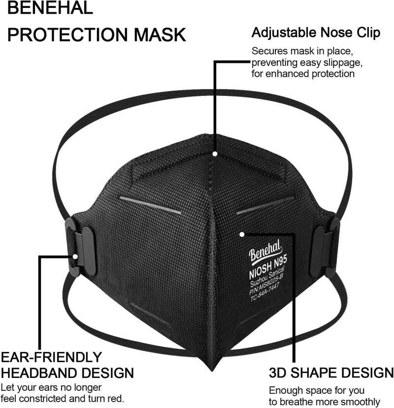 benehal NIOSH Approved N95 Face Masks Particulate Respirators, Pack of 25 N95 Masks, Individually Wrapped, Black - Image 2
